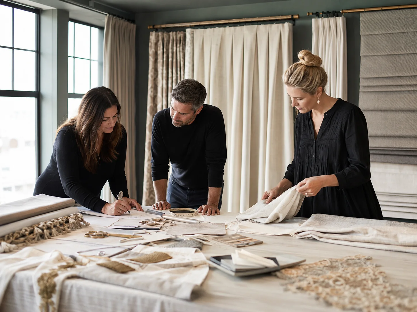 Window treatment team collaborating around a workroom table with fabrics and trims