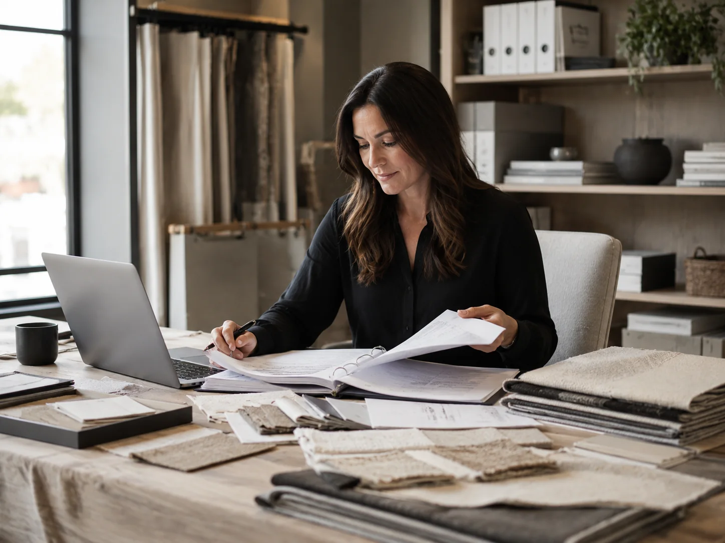 Window treatment business owner reviewing project paperwork and fabric samples at a desk