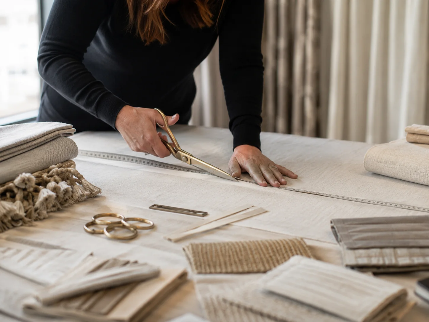 Professional measuring material in a custom window treatment fabrication workroom