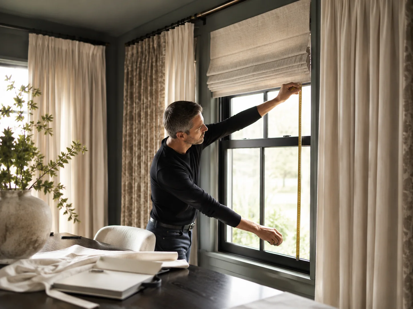 Window treatment professional measuring a residential window for a custom treatment