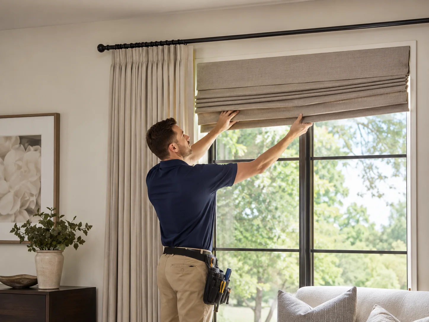 Window treatment installer adjusting a roman shade in a finished room