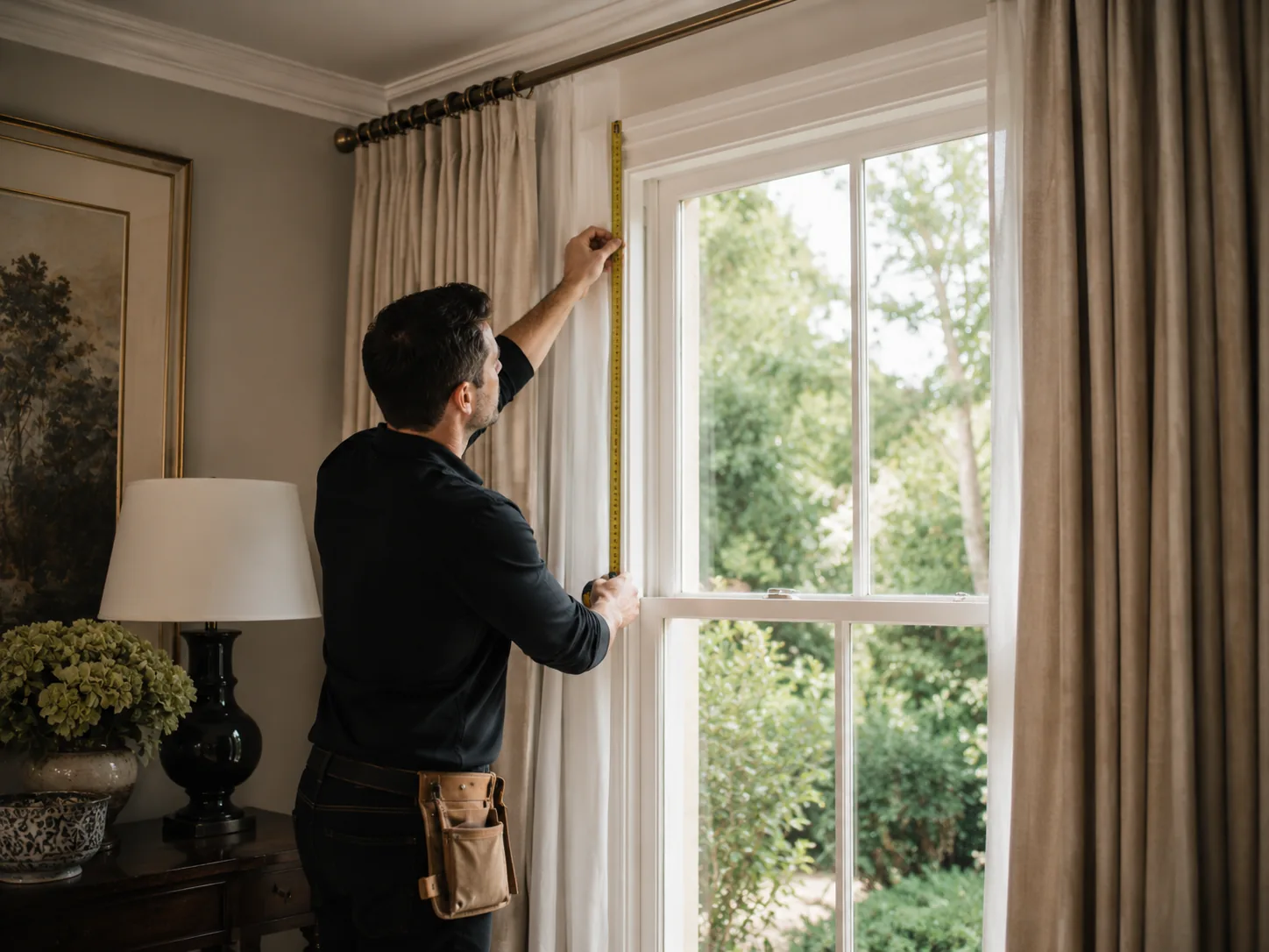 Window treatment professional measuring a residential window for custom drapery
