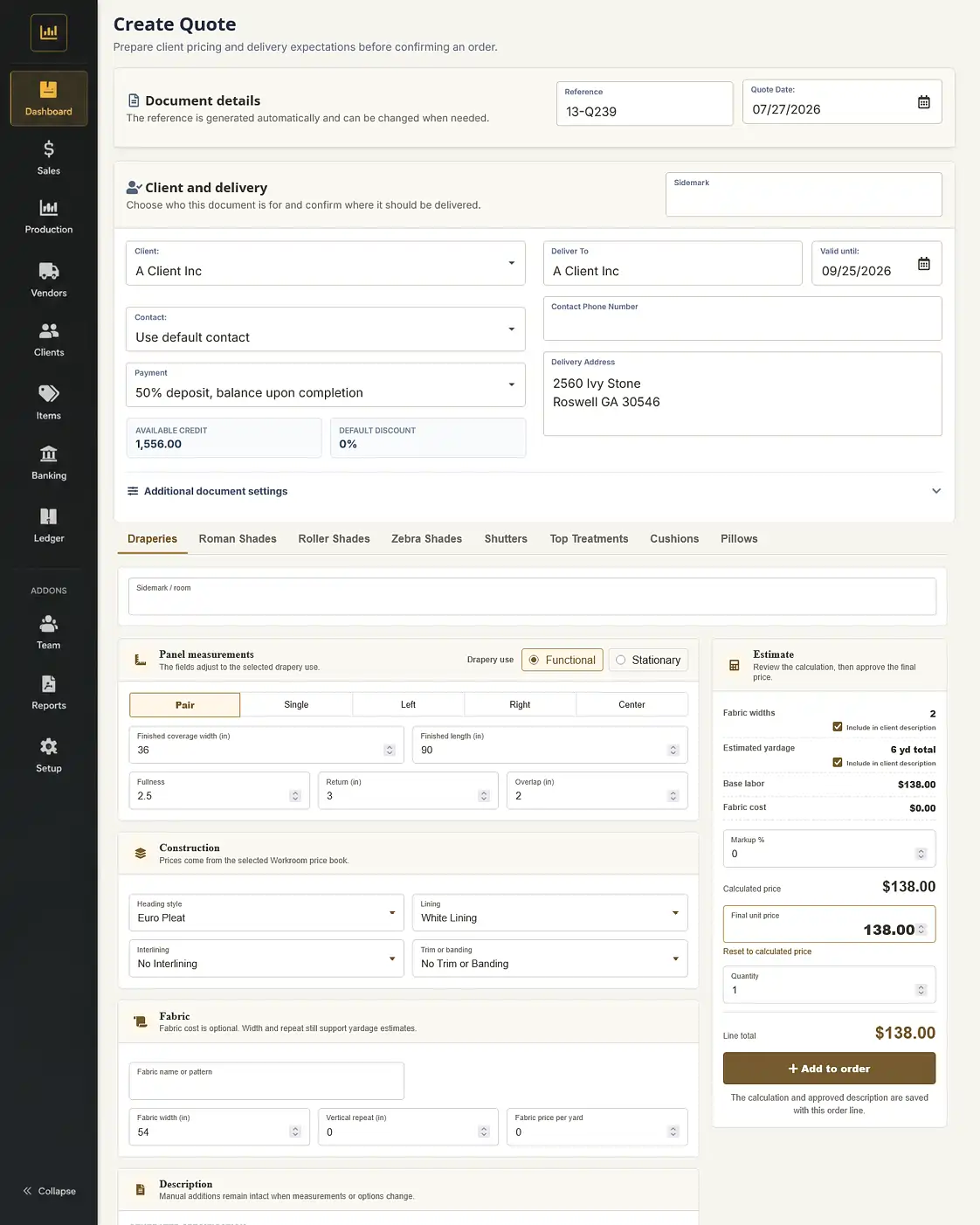 Ledgez custom window treatment calculator and quote builder