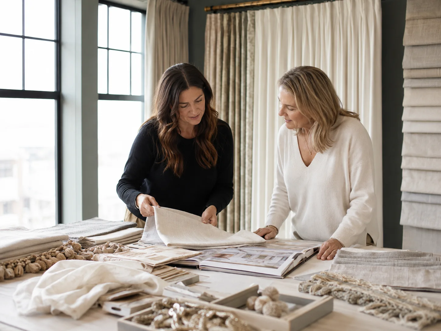 Interior designer and customer reviewing fabric and window treatment selections