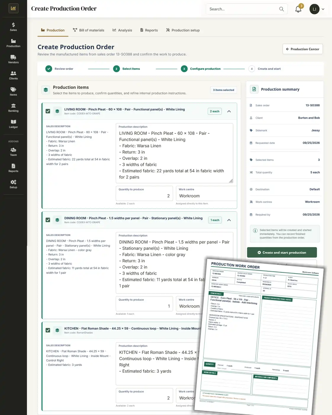 Ledgez purchasing and workroom dashboard showing purchase orders, receiving and material tracking