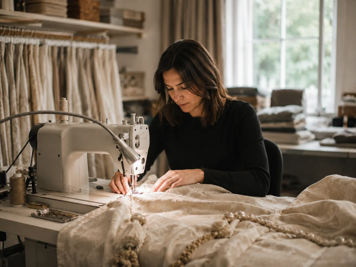 Workroom professional sewing custom drapery at an industrial sewing machine